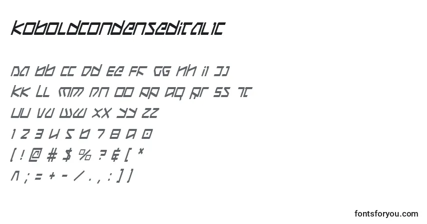 Czcionka KoboldCondensedItalic – alfabet, cyfry, specjalne znaki