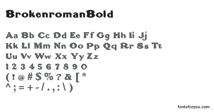 Czcionka BrokenromanBold – alfabet, cyfry, specjalne znaki