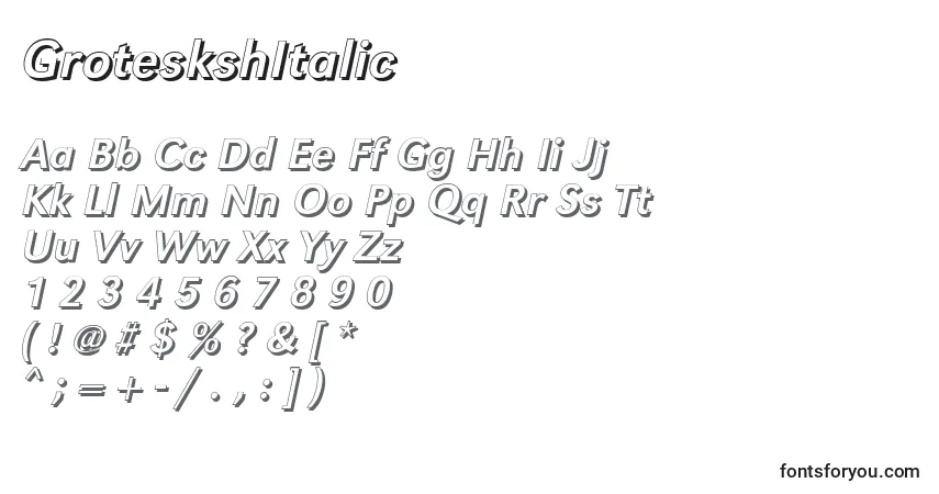 Czcionka GroteskshItalic – alfabet, cyfry, specjalne znaki