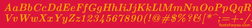 Lmroman10Bolditalic-Schriftart – Orangefarbene Schriften auf rotem Hintergrund