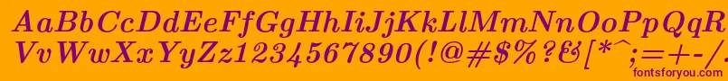 Lmroman10Bolditalic-Schriftart – Violette Schriften auf orangefarbenem Hintergrund