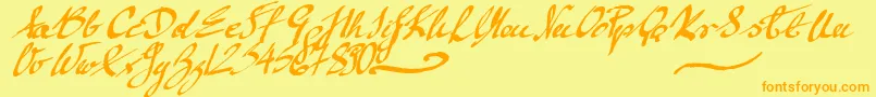 MickeyScript-Schriftart – Orangefarbene Schriften auf gelbem Hintergrund