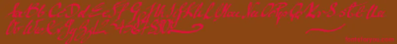 フォントMickeyScript – 赤い文字が茶色の背景にあります。