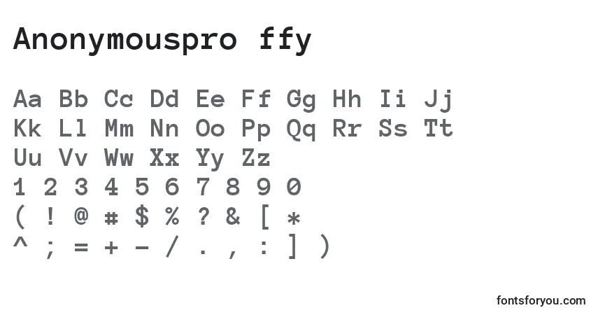 Czcionka Anonymouspro ffy – alfabet, cyfry, specjalne znaki