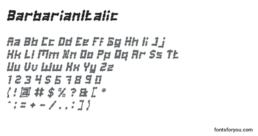 Шрифт BarbarianItalic – алфавит, цифры, специальные символы