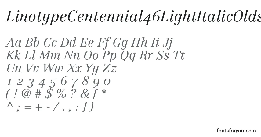 A fonte LinotypeCentennial46LightItalicOldstyleFigures – alfabeto, números, caracteres especiais
