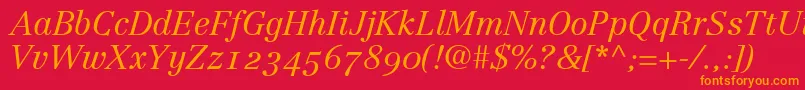 LinotypeCentennial46LightItalicOldstyleFigures Font – Orange Fonts on Red Background