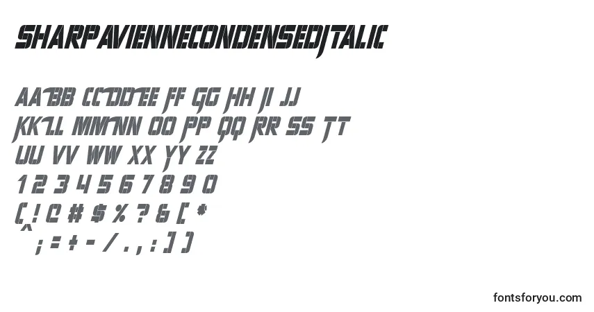 Czcionka SharpAvienneCondensedItalic – alfabet, cyfry, specjalne znaki
