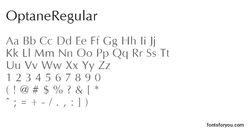 A fonte OptaneRegular – alfabeto, números, caracteres especiais
