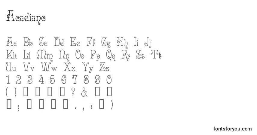 A fonte Acadianc – alfabeto, números, caracteres especiais