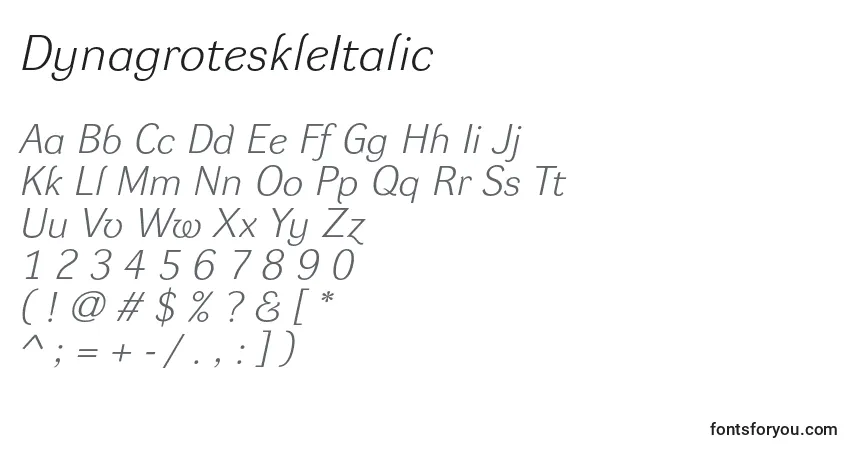 Schriftart DynagroteskleItalic – Alphabet, Zahlen, spezielle Symbole