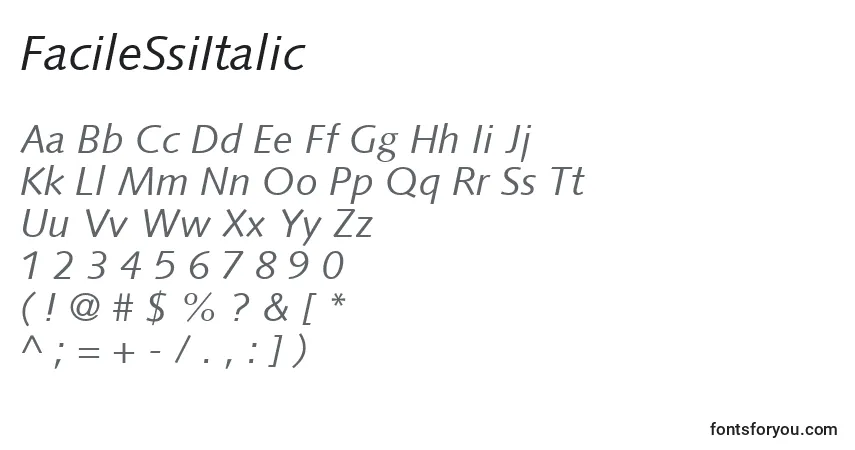 Czcionka FacileSsiItalic – alfabet, cyfry, specjalne znaki