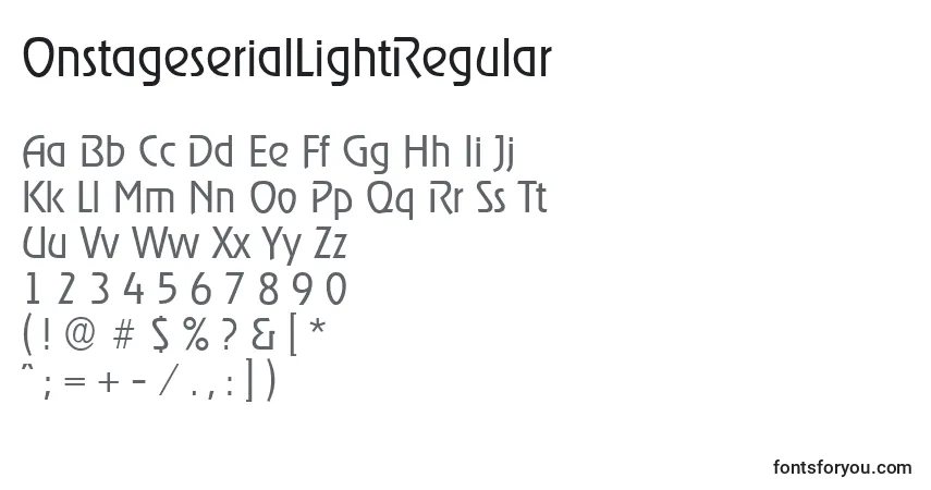 A fonte OnstageserialLightRegular – alfabeto, números, caracteres especiais
