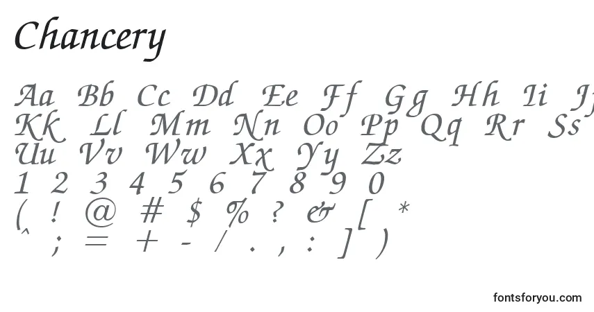 A fonte Chancery – alfabeto, números, caracteres especiais