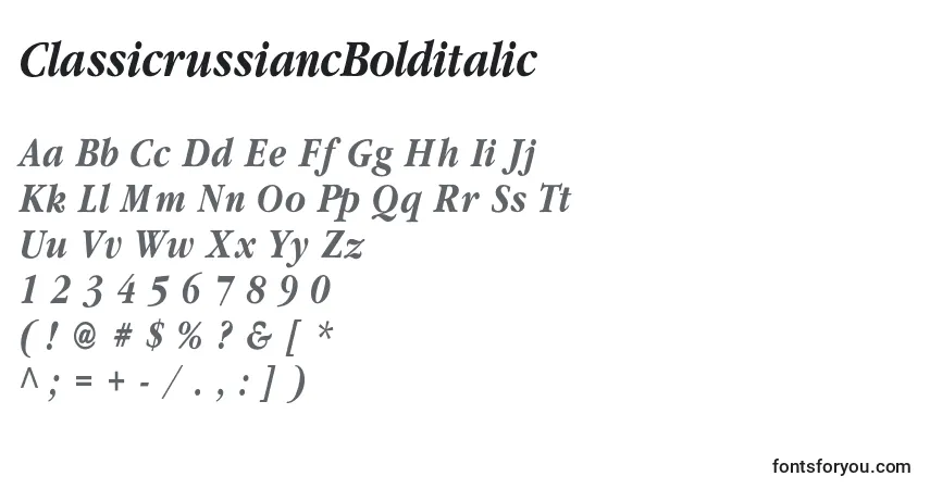 A fonte ClassicrussiancBolditalic – alfabeto, números, caracteres especiais