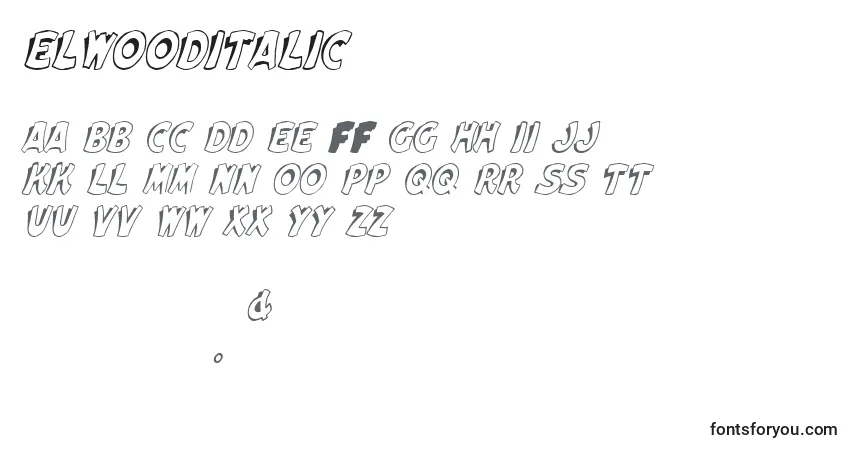 Czcionka ElwoodItalic – alfabet, cyfry, specjalne znaki