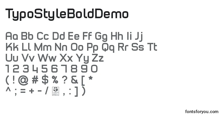 A fonte TypoStyleBoldDemo – alfabeto, números, caracteres especiais