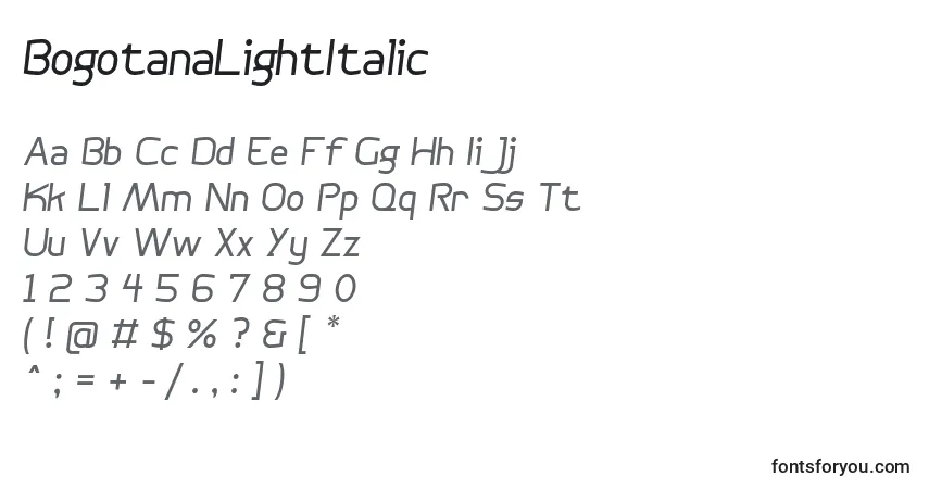 Czcionka BogotanaLightItalic – alfabet, cyfry, specjalne znaki