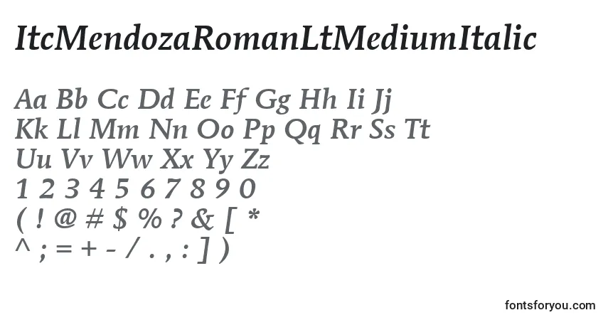 Czcionka ItcMendozaRomanLtMediumItalic – alfabet, cyfry, specjalne znaki
