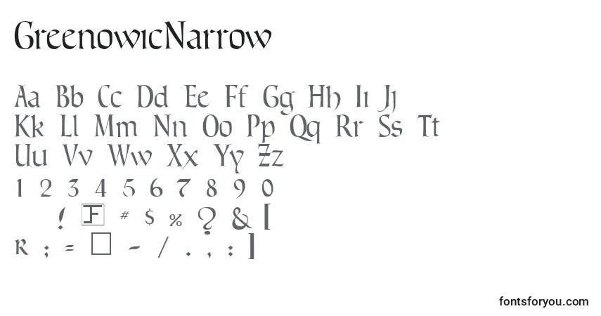 Czcionka GreenowicNarrow – alfabet, cyfry, specjalne znaki