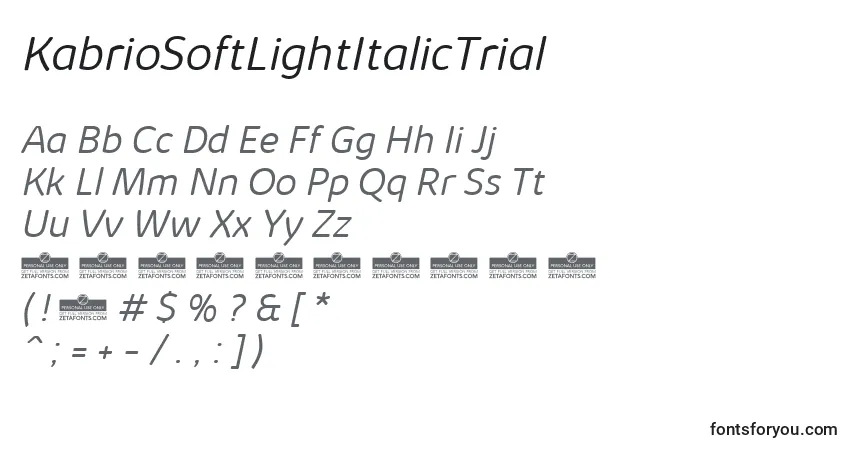 Czcionka KabrioSoftLightItalicTrial – alfabet, cyfry, specjalne znaki