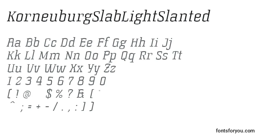 KorneuburgSlabLightSlanted-fontti – aakkoset, numerot, erikoismerkit