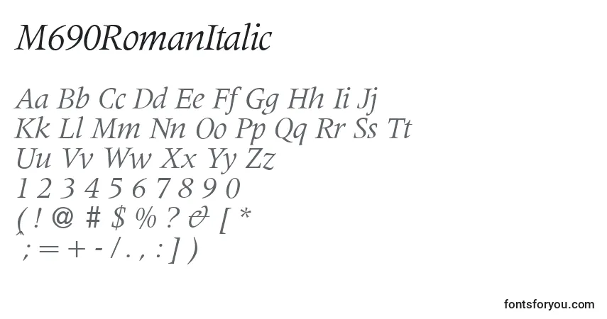 Czcionka M690RomanItalic – alfabet, cyfry, specjalne znaki