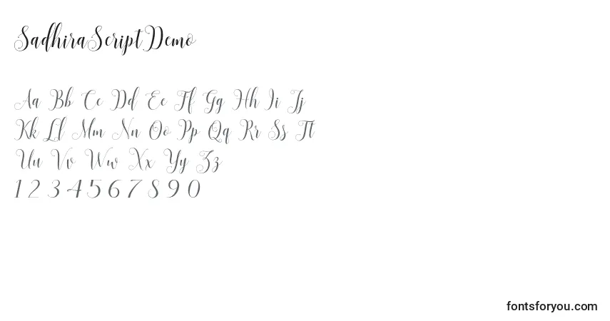 Шрифт SadhiraScriptDemo – алфавит, цифры, специальные символы