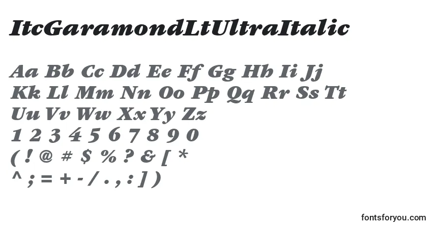 Czcionka ItcGaramondLtUltraItalic – alfabet, cyfry, specjalne znaki