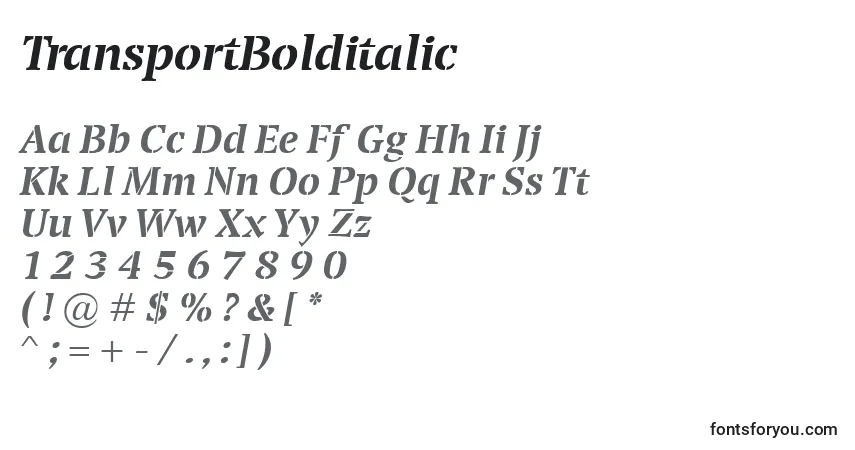 Czcionka TransportBolditalic – alfabet, cyfry, specjalne znaki