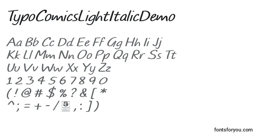Czcionka TypoComicsLightItalicDemo – alfabet, cyfry, specjalne znaki
