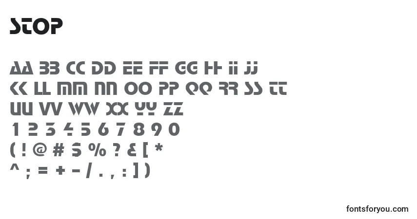 Czcionka Stop – alfabet, cyfry, specjalne znaki