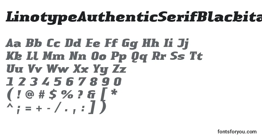 Czcionka LinotypeAuthenticSerifBlackitalic – alfabet, cyfry, specjalne znaki