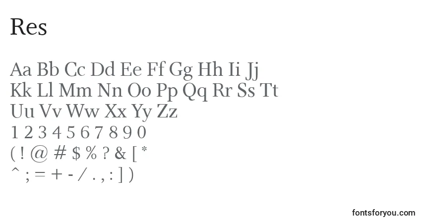 A fonte Res – alfabeto, números, caracteres especiais