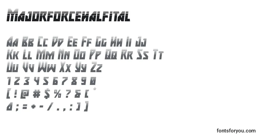 Schriftart Majorforcehalfital – Alphabet, Zahlen, spezielle Symbole