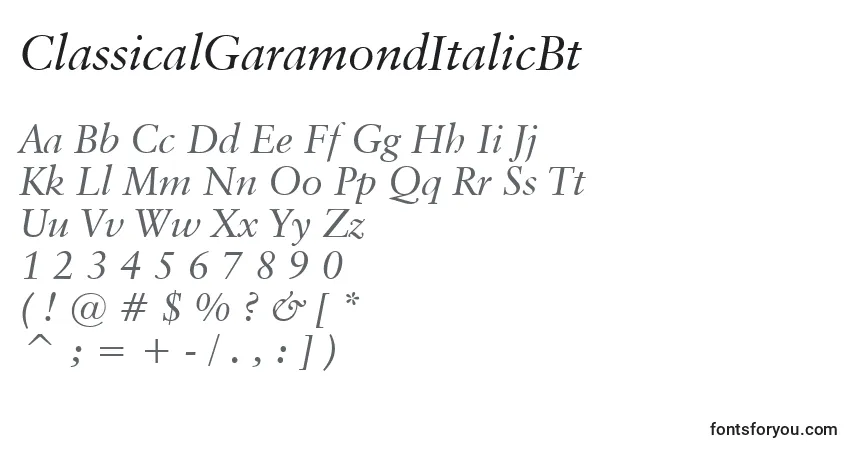 Fuente ClassicalGaramondItalicBt - alfabeto, números, caracteres especiales