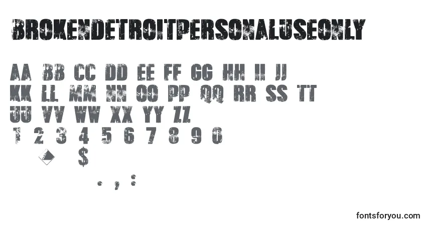 Czcionka BrokenDetroitPersonalUseOnly – alfabet, cyfry, specjalne znaki