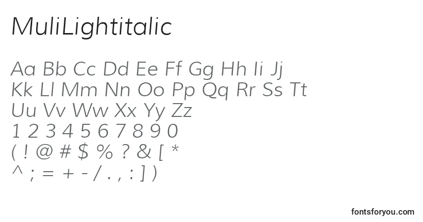 Шрифт MuliLightitalic – алфавит, цифры, специальные символы