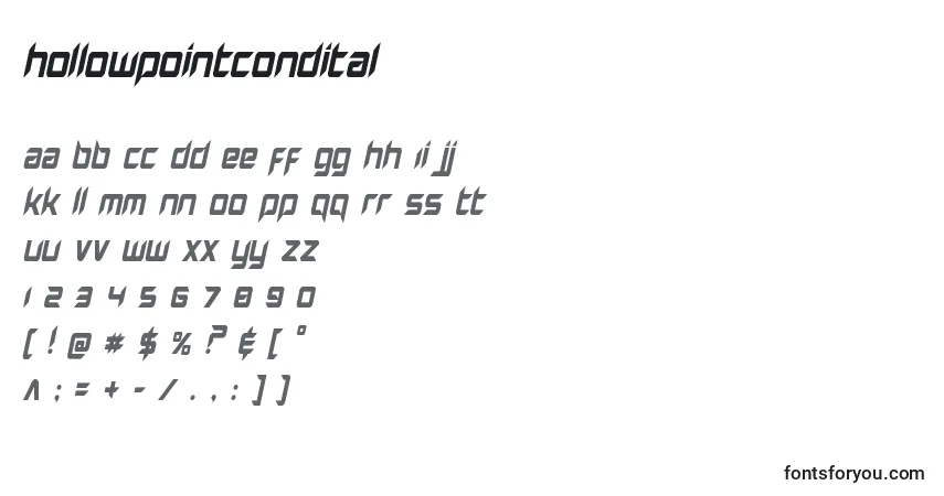 Czcionka Hollowpointcondital – alfabet, cyfry, specjalne znaki