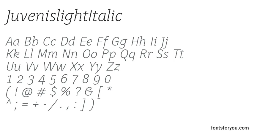 A fonte JuvenislightItalic – alfabeto, números, caracteres especiais