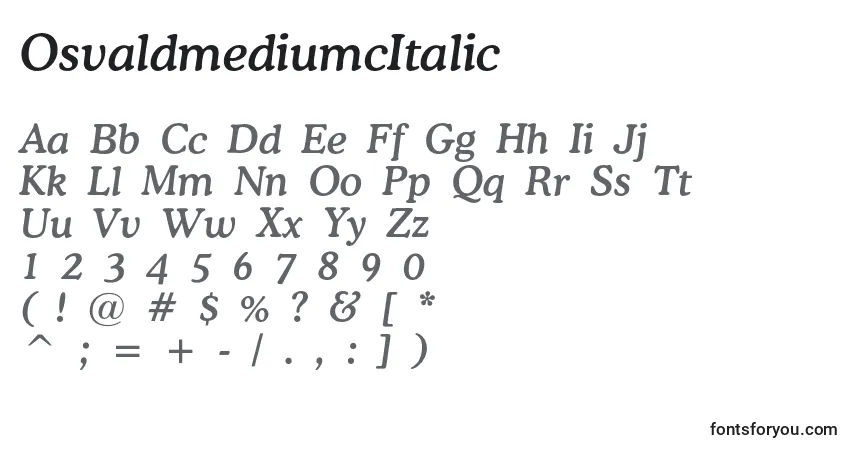 Czcionka OsvaldmediumcItalic – alfabet, cyfry, specjalne znaki
