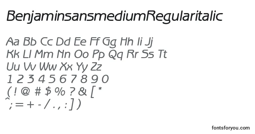 A fonte BenjaminsansmediumRegularitalic – alfabeto, números, caracteres especiais