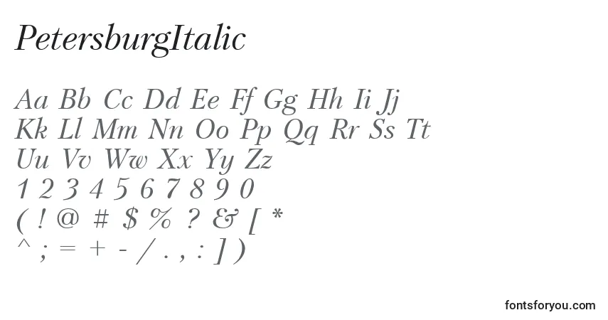 A fonte PetersburgItalic – alfabeto, números, caracteres especiais