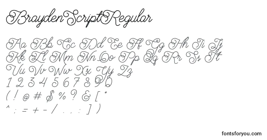 Czcionka BraydenScriptRegular – alfabet, cyfry, specjalne znaki