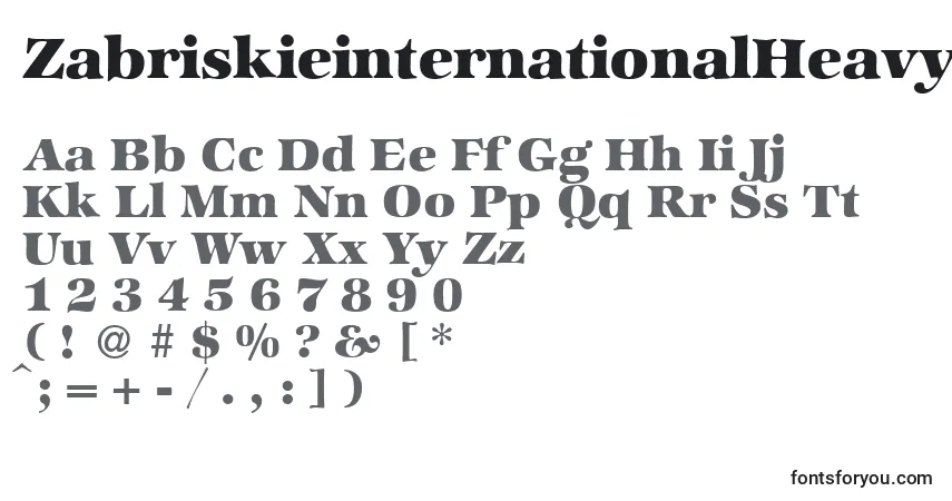 A fonte ZabriskieinternationalHeavyRegular – alfabeto, números, caracteres especiais