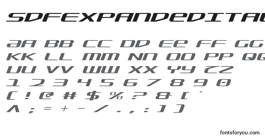 Czcionka SdfExpandedItalic – alfabet, cyfry, specjalne znaki