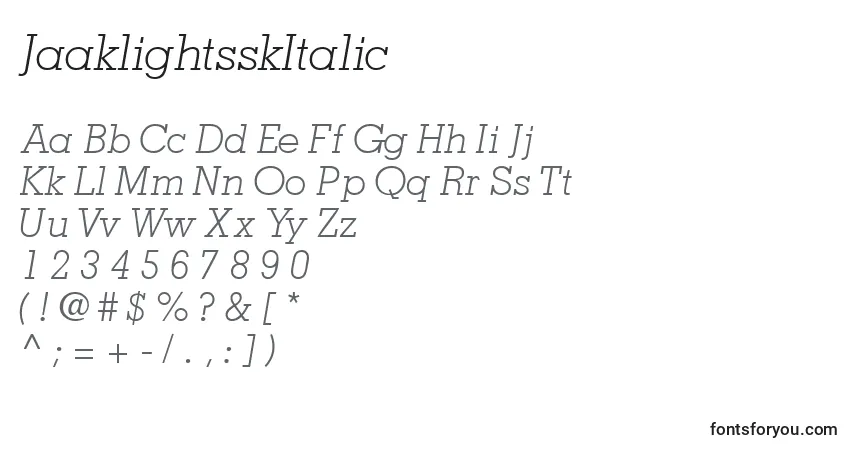 A fonte JaaklightsskItalic – alfabeto, números, caracteres especiais