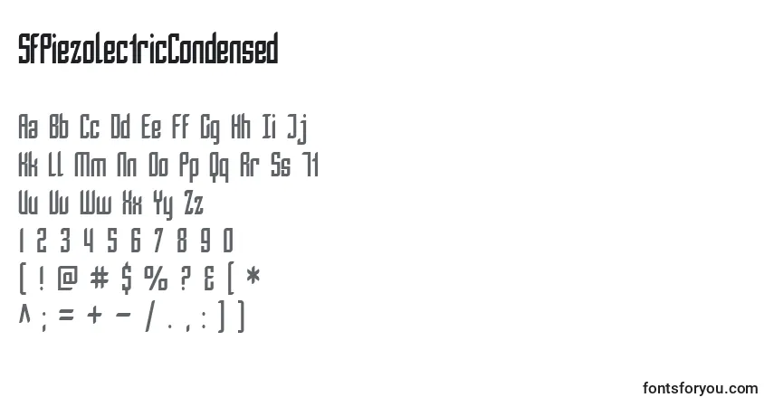 A fonte SfPiezolectricCondensed – alfabeto, números, caracteres especiais