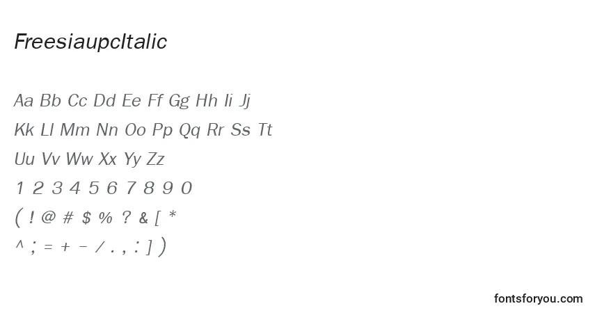 Czcionka FreesiaupcItalic – alfabet, cyfry, specjalne znaki