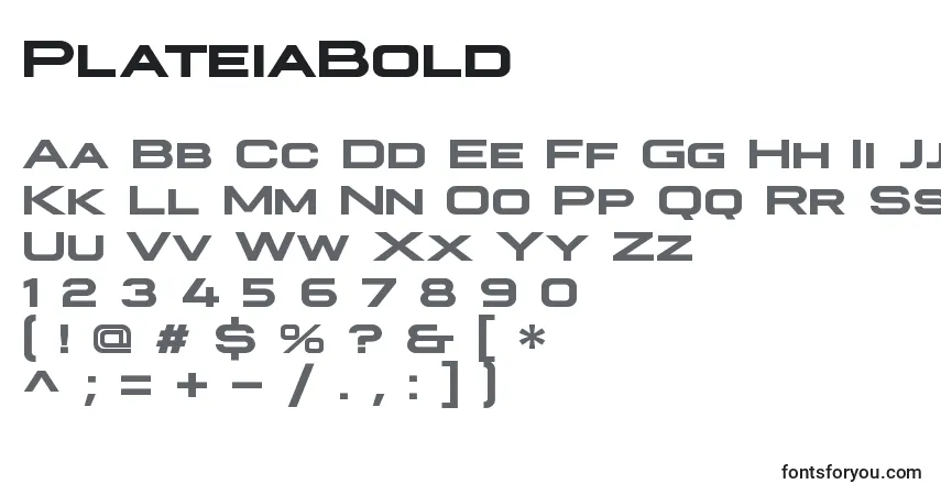 A fonte PlateiaBold – alfabeto, números, caracteres especiais